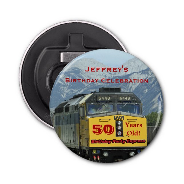 Railroad Train 50th Birthday Party Favour, Name,  Bottle Opener (Front)