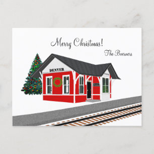 Railroad Train Depot Merry Christmas Holiday Postcard