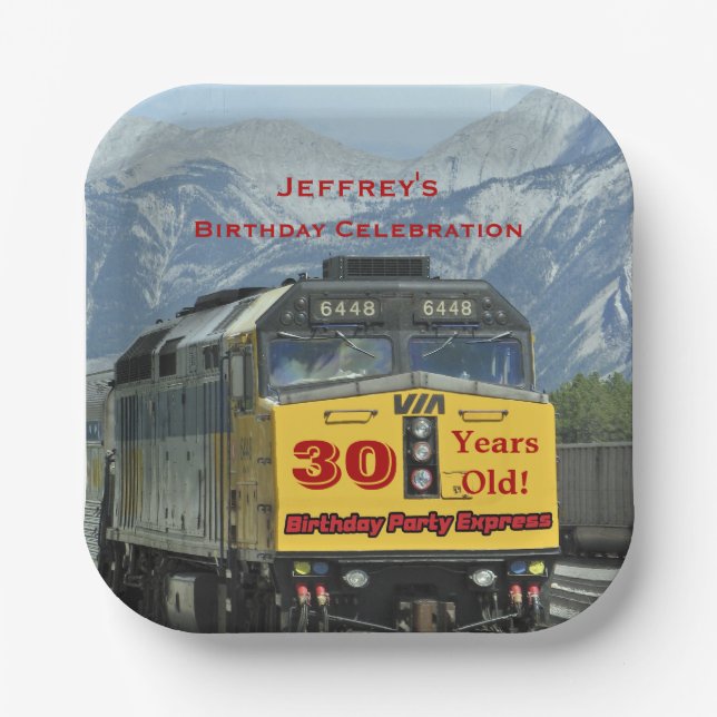 Railroad Train Engine, 30th Birthday, Name, Square Paper Plate (Front)