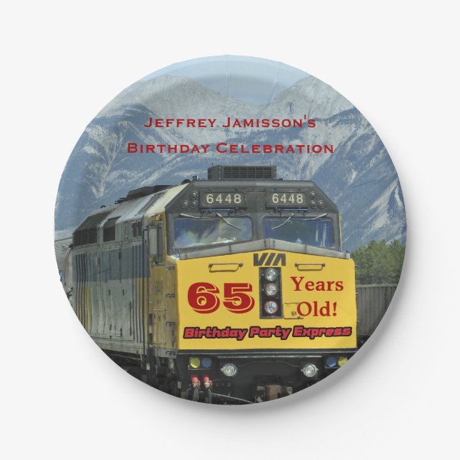 Railroad Train Paper Plates, 65th Birthday, Custom Plate (Front)