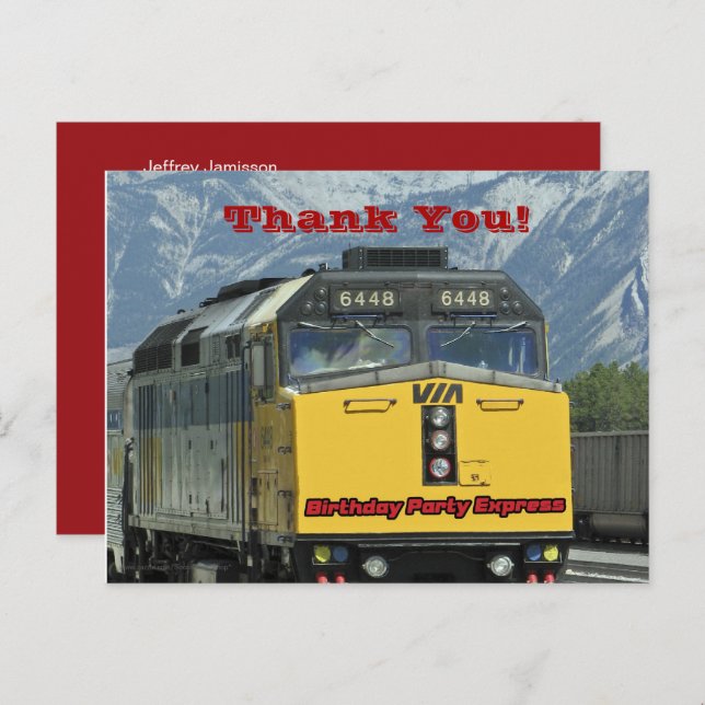 Railroad Train Yellow Engine Thank You Birthday Postcard (Front/Back)