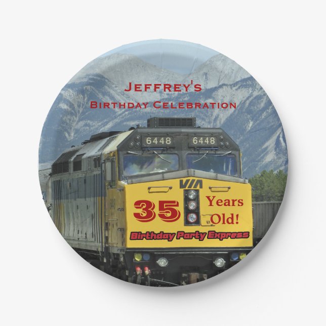 Railroad TrainYellow Engine 35th Birthday, Name,  Paper Plate (Front)