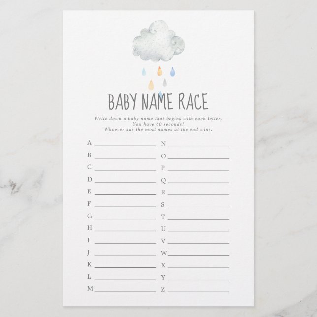 Rain Cloud Boy Baby Shower Baby Name Race Game (Front)