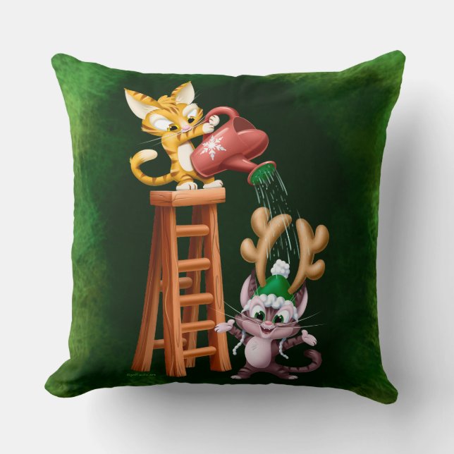 RAIN DEER CATS by Jeff Willis Art Throw Pillow (Front)