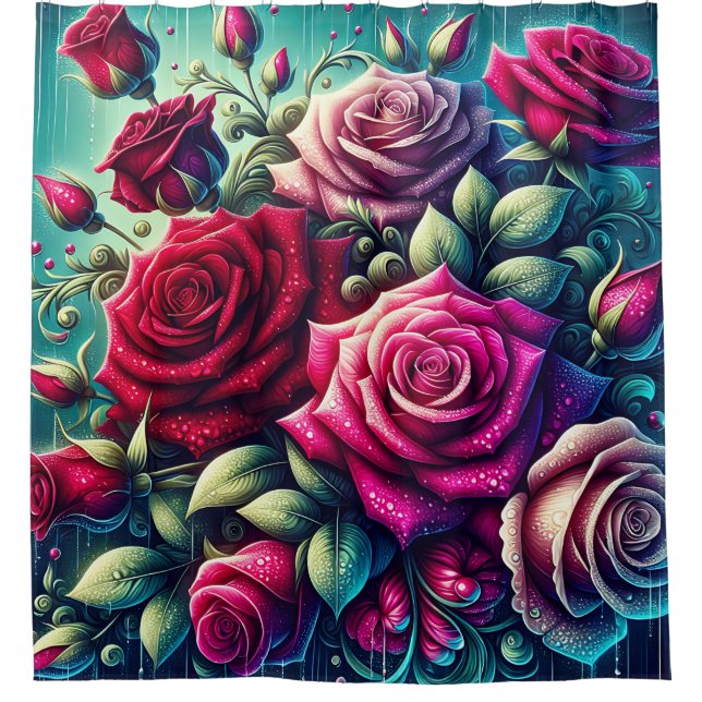 “Rain-Drenched Roses: Drops of Elegance" Shower Curtain (Front)