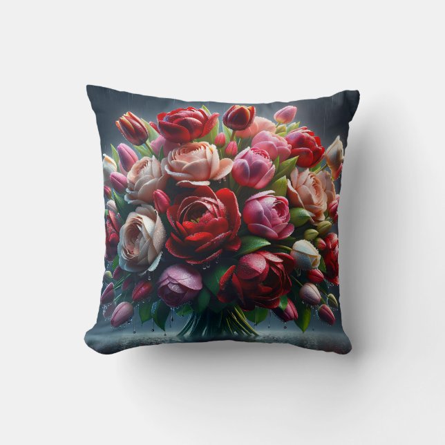 “Rain-Drenched Tulips and Roses Bouquet" Cushion (Front)