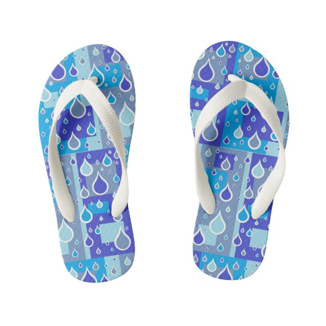 Rain Drops April Showers Multi Blue Design Kid's Thongs (Footbed)