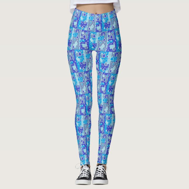 Rain Drops April Showers Multi Blue Design Leggings (Front)
