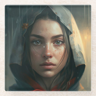 Rain hood girl glass coaster