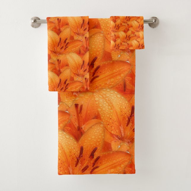 Rain-Kissed Orange Asiatic Tiger Lilies Bath Towel Set (Insitu)
