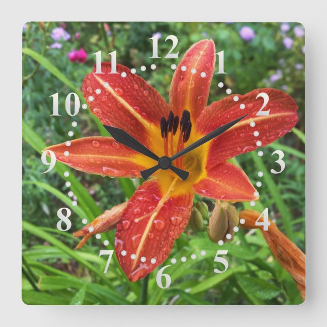 rain on lily square wall clock (Front)