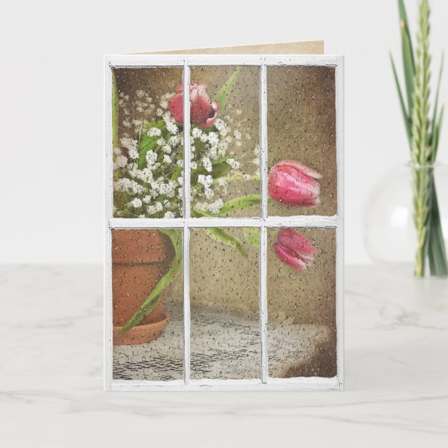 rain on window with tulip bouquet card (Front)