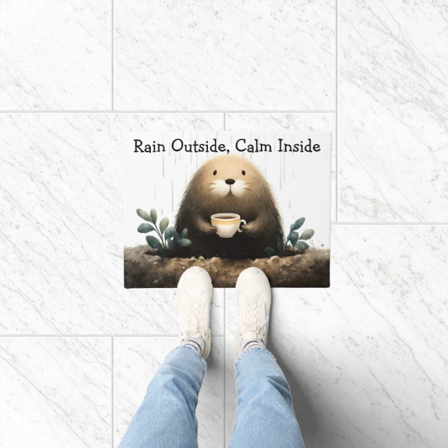 Rain outside, calm inside. Mole Drinking Coffee Doormat (Indoor)