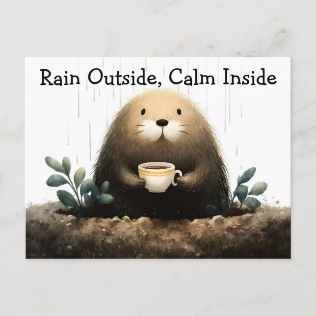Rain outside, calm inside. Mole Drinking Coffee Holiday Postcard (Front)