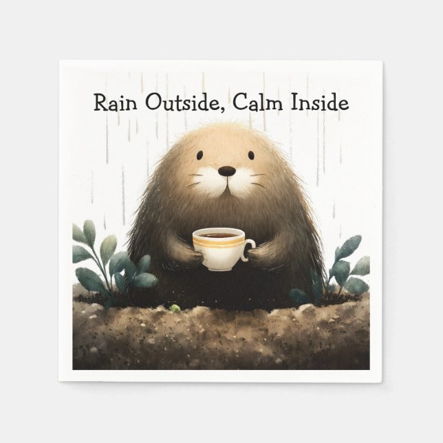 Rain outside, calm inside. Mole Drinking Coffee Napkin (Front)