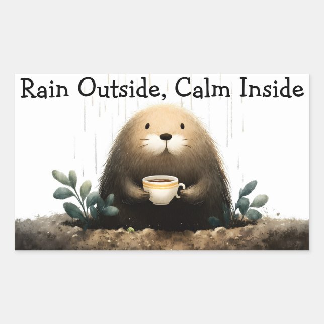 Rain outside, calm inside. Mole Drinking Coffee Rectangular Sticker (Front)