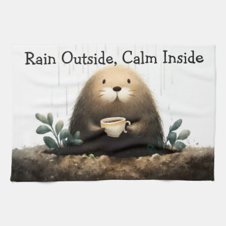 Rain outside, calm inside. Mole Drinking Coffee Tea Towel