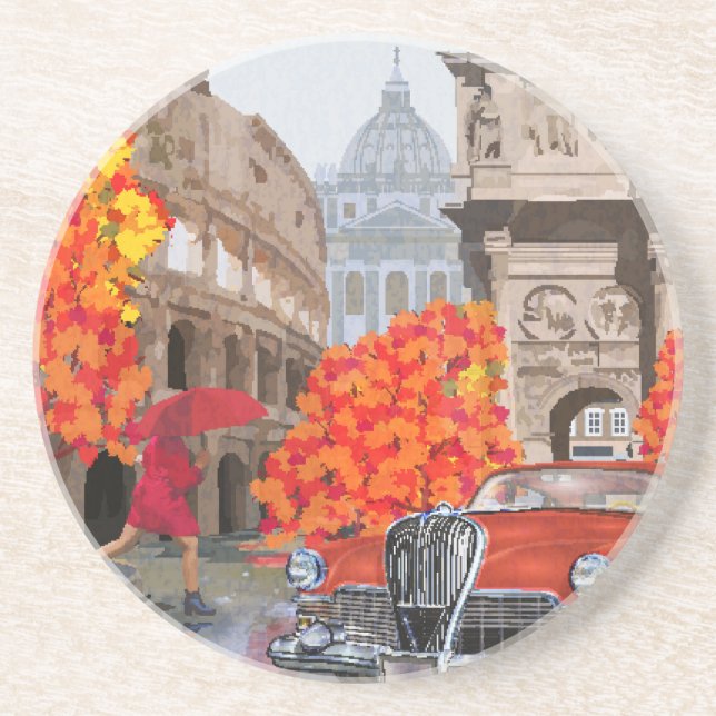 Rain-Soaked Rome Vintage Poster Coaster (Front)
