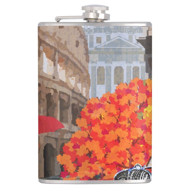 Rain-Soaked Rome Vintage Poster Hip Flask (Front)