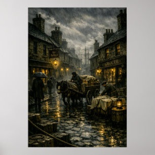 Rain‑Soaked Victorian Street Scene by BurnsInHell Poster