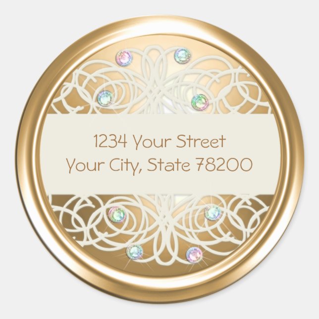Rainbo Crystal and Gold Damask Return Address Seal (Front)