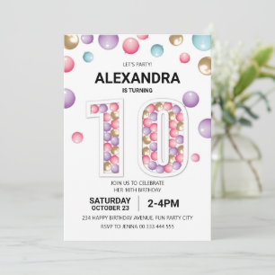 Rainbow 10th Birthday Party, Pink Balloon Girl Invitation