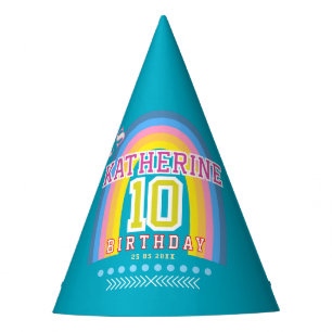 Rainbow 10th Birthday Teal Party Hat