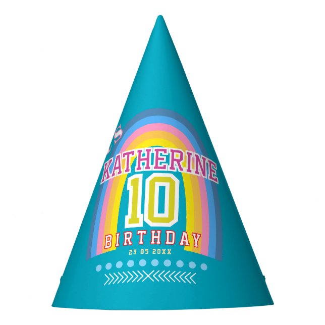 Rainbow 10th Birthday Teal Party Hat (Front)