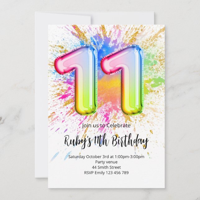 Rainbow 11th Birthday Invitation (Front)