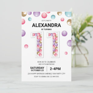 Rainbow 11th Birthday Party, Pink Balloon Girl Invitation