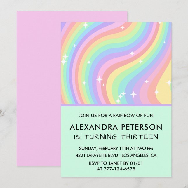 Rainbow 13th birthday invitations Pastel  (Front/Back)