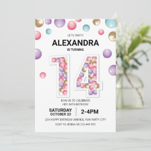 Rainbow 14th Birthday Party, Pink Balloon Girl Invitation