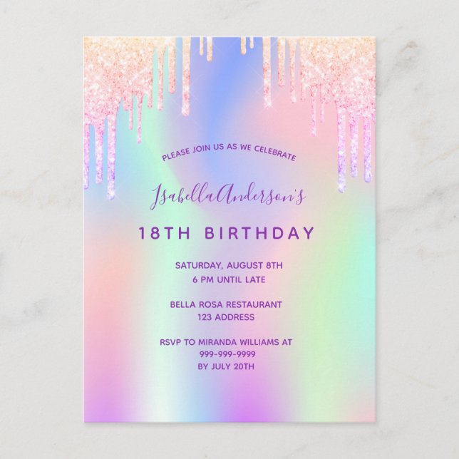 Rainbow 18th birthday glitter pink glam invitation postcard (Front)