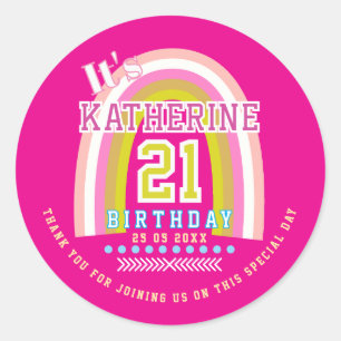 Rainbow 21st Birthday Hot Pink Classic Round Sticker