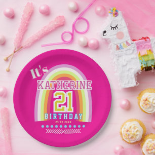 Rainbow 21st Birthday Hot Pink Paper Plate