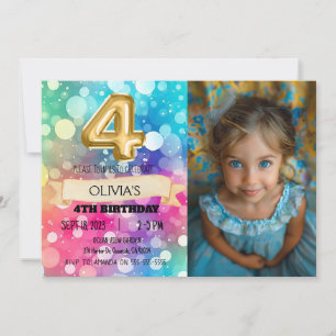 Rainbow 4 Year Old 4th Birthday Photo Girls Four  Invitation