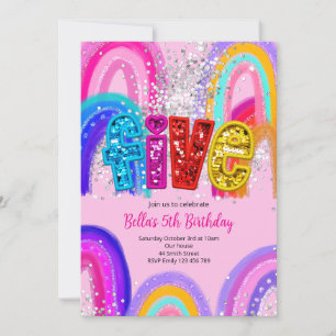 Rainbow 5th Birthday Girls Invitation