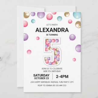 Rainbow 5th Birthday Party, Pink Balloon Girl Invitation