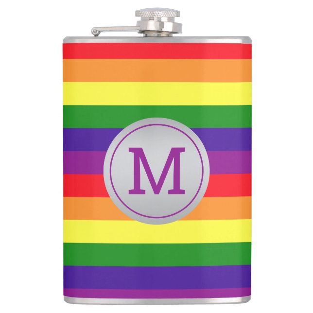 Rainbow 6 Stripe Gay Pride Monogram Initial Hip Flask (Front)