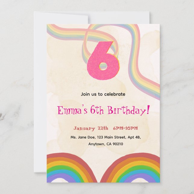 Rainbow 6th Birthday Party, Girl Invitation (Front)