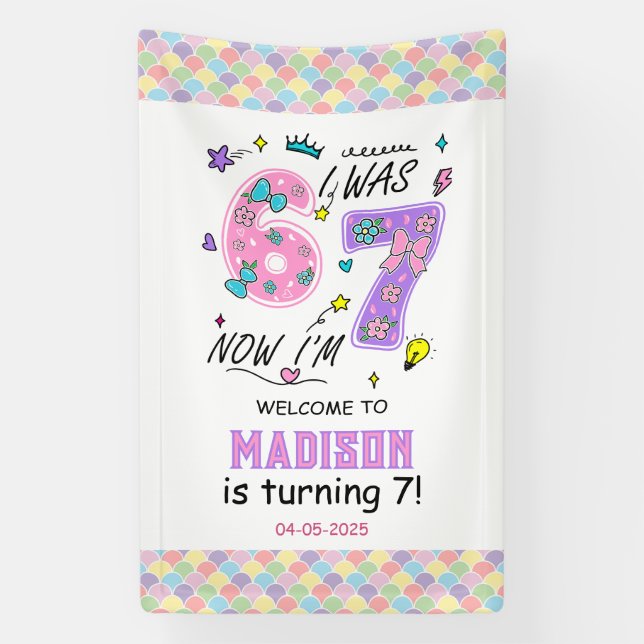 Rainbow 7th Birthday | I Was 6, Now 7 | Kids Party Banner (Vertical)