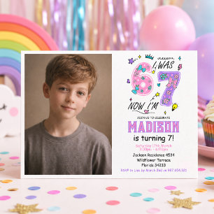 rainbow 7th Birthday   “I Was 6, Now 7” Party Invitation