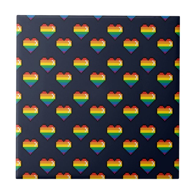 Rainbow 8 Bit Heart Pattern Ceramic Tile (Front)