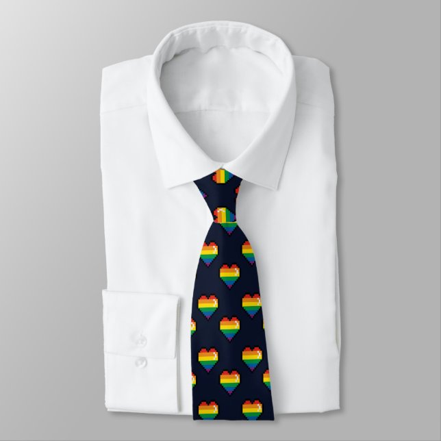 Rainbow 8 Bit Heart Pattern Tie (Tied)