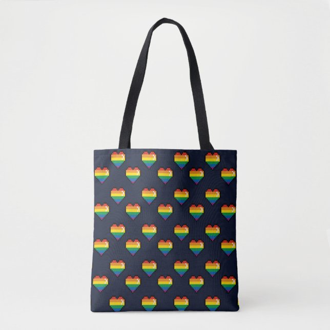 Rainbow 8 Bit Heart Pattern Tote Bag (Front)