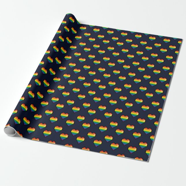 Rainbow 8 Bit Heart Pattern Wrapping Paper (Unrolled)