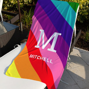Rainbow 8 Stripe Monogram Family Name Beach Towel