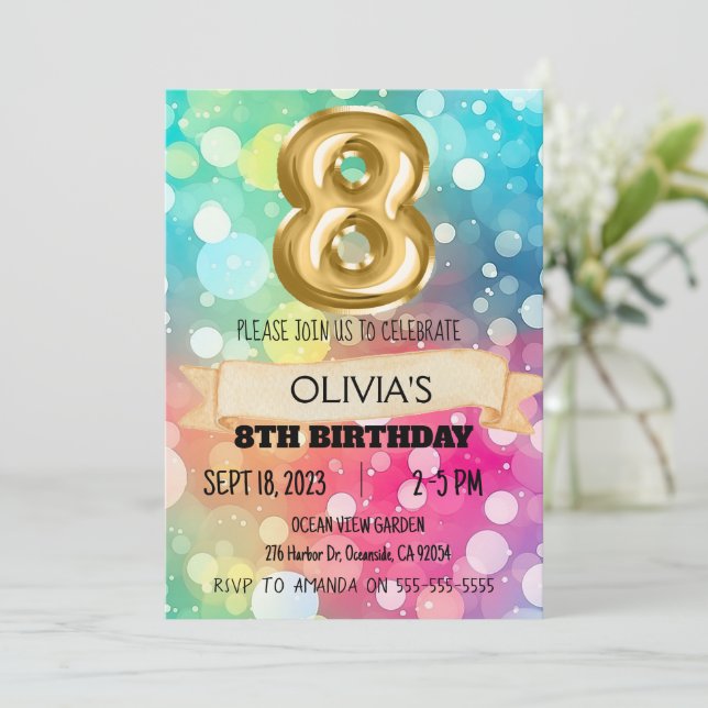 Rainbow 8 Year Old 8th Birthday Party Girls Eight Invitation (Standing Front)