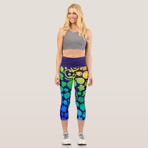 Rainbow Abstract shapes, smiley faces, purple Capri Leggings