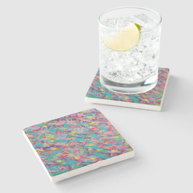 Rainbow Aesthetic Abstract Painting Stone Coaster (Side)